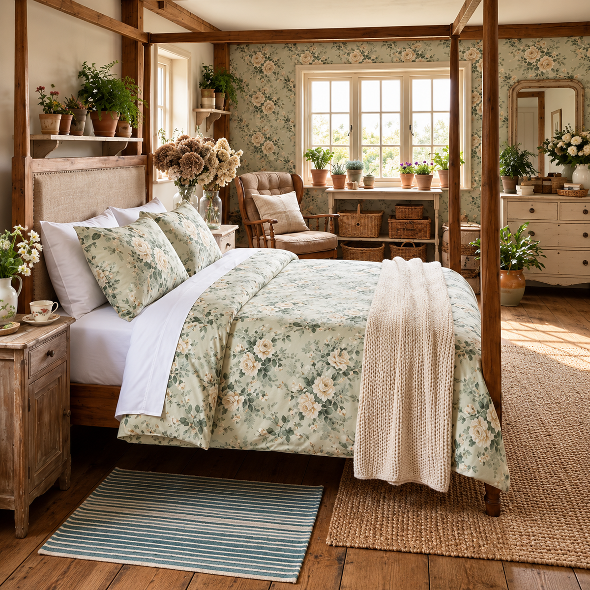 Sage Garden Rose Botanical Four-Piece Bedding Set