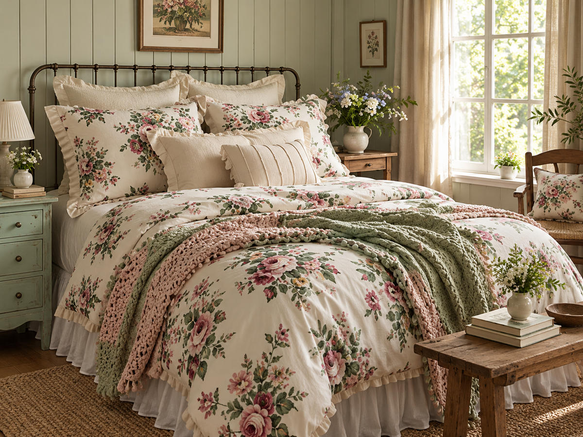 English Rose Cottage Floral Four-Piece Bedding Set