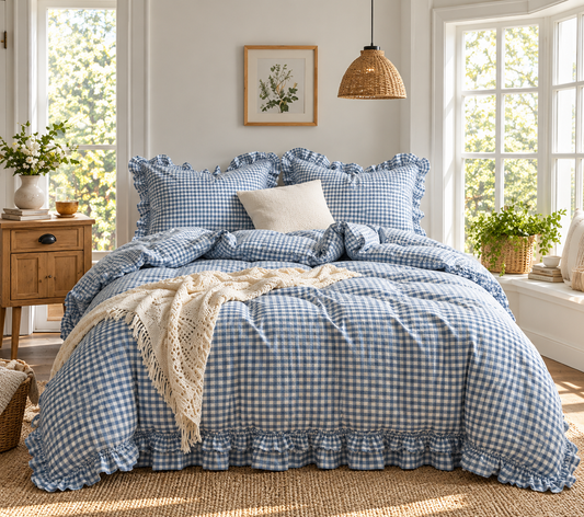 Cornflower Blue Ruffled Gingham Four-Piece Bedding Set