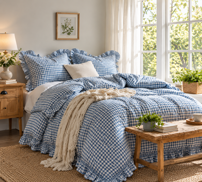 Cornflower Blue Ruffled Gingham Four-Piece Bedding Set